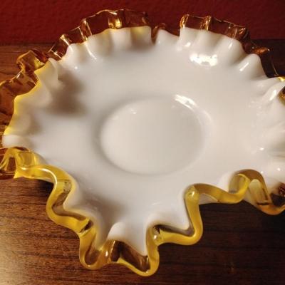 Vintage 1950s Fenton Gold Ruffled Crest Milk Glass 6 inch Bon Bon Dish