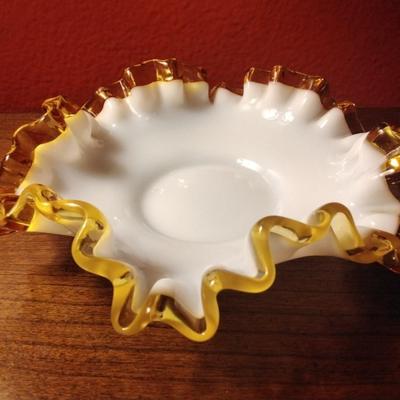 Vintage 1950s Fenton Gold Ruffled Crest Milk Glass 6 inch Bon Bon Dish