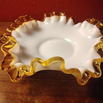 Vintage 1950s Fenton Gold Ruffled Crest Milk Glass 6 inch Bon Bon Dish