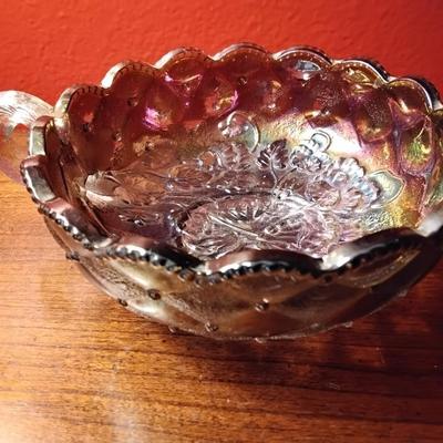 Imperial Glass Nappy Dish with Pansy and Beaded Diamond Quilt Smoke Carnival Glass Circa 1951-72