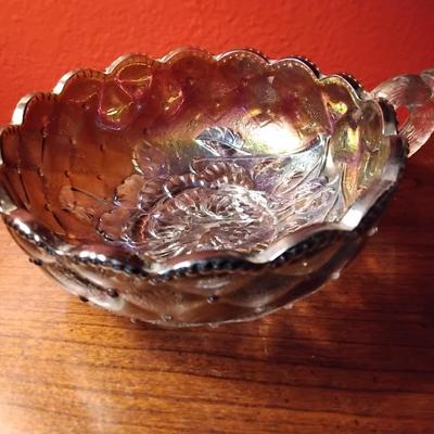 Imperial Glass Nappy Dish with Pansy and Beaded Diamond Quilt Smoke Carnival Glass Circa 1951-72