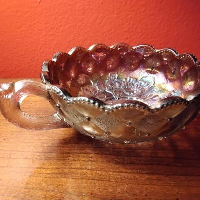 Imperial Glass Nappy Dish with Pansy and Beaded Diamond Quilt Smoke Carnival Glass Circa 1951-72