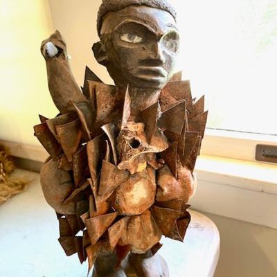 LOT 11 Carved Wood African Figure Blade Fetish with Metal Armor & Spear 18"