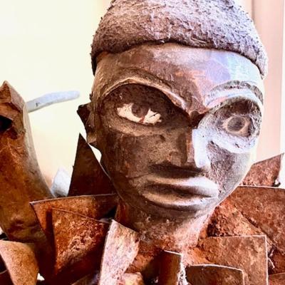 LOT 11 Carved Wood African Figure Blade Fetish with Metal Armor & Spear 18"