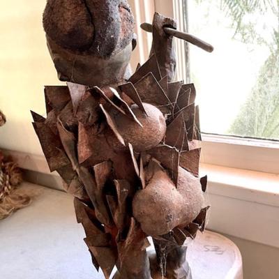 LOT 11 Carved Wood African Figure Blade Fetish with Metal Armor & Spear 18"