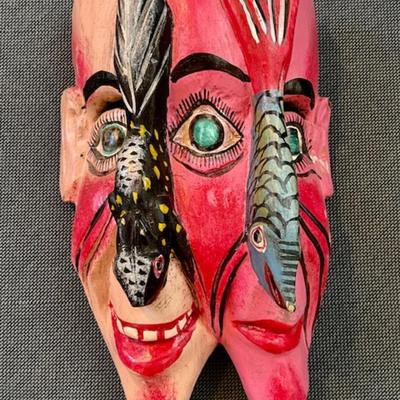 LOT 12 Mexican Mask 2 Faced Carved Wood Painted 2 Fish Nose 11