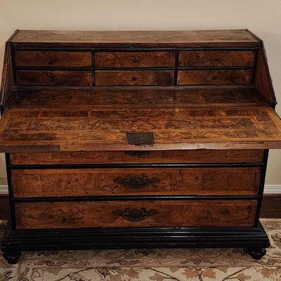Vintage Reclaimed Wood Burl Veneer Secretary Desk