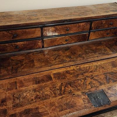 Vintage Reclaimed Wood Burl Veneer Secretary Desk