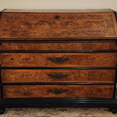 Vintage Reclaimed Wood Burl Veneer Secretary Desk