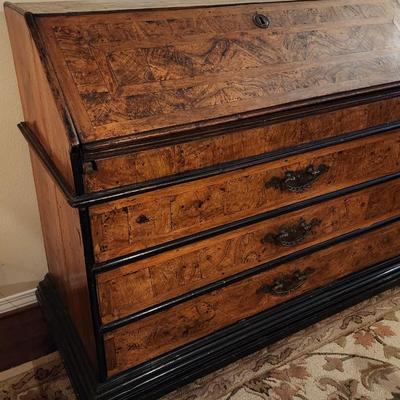 Vintage Reclaimed Wood Burl Veneer Secretary Desk