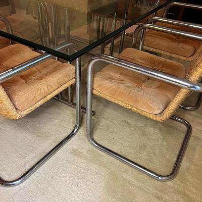 Vintage Rush Glass Table with 6 Rush Chairs.