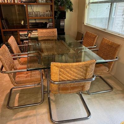 Vintage Rush Glass Table with 6 Rush Chairs.