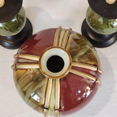 Ceramic Vase with 2 Ceramic & Metal Candle Holders - 3 piece lot