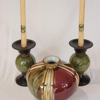 Ceramic Vase with 2 Ceramic & Metal Candle Holders - 3 piece lot