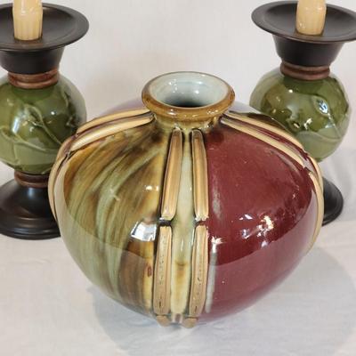 Ceramic Vase with 2 Ceramic & Metal Candle Holders - 3 piece lot