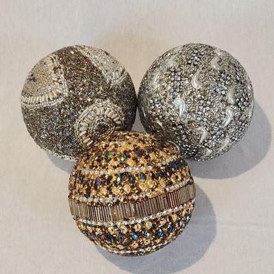 Set of 3 jeweled, beaded decorative balls 4" diameter