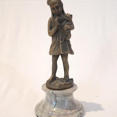 Bronze Girl With Cat Statue on marble base 9" tall