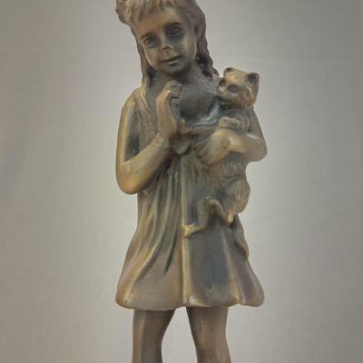 Bronze Girl With Cat Statue on marble base 9" tall