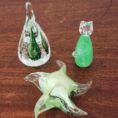 Lot of 3 Green Glass Paperweights