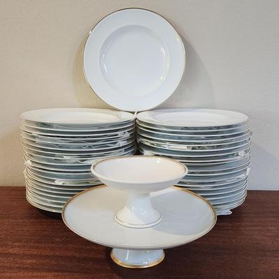 Set of 39 Pottery Barn Gold Rim 10.5" Dinner Plates, Pedestal Cake Plate, Pedestal Candy dish