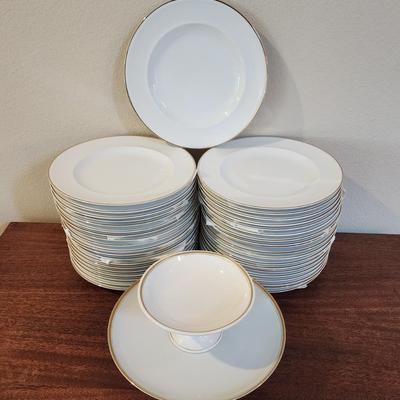 Set of 39 Pottery Barn Gold Rim 10.5" Dinner Plates, Pedestal Cake Plate, Pedestal Candy dish
