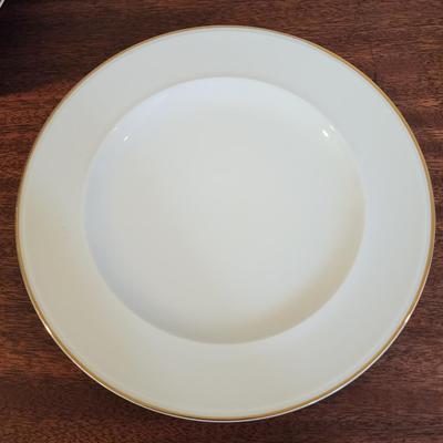 Set of 39 Pottery Barn Gold Rim 10.5" Dinner Plates, Pedestal Cake Plate, Pedestal Candy dish