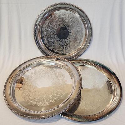 Lot of 3 Rogers Brothers Silverplate Round Serving Trays - 14 3/4, 12 1/4