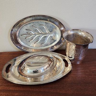 Silverplate LOT - 5 Pieces - Ice Bucket, Footed meat tray, Oval tray, Oval Server