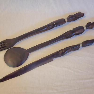 Set of 3 African Carved Wood Decorative Spoon, Fork & Knife
