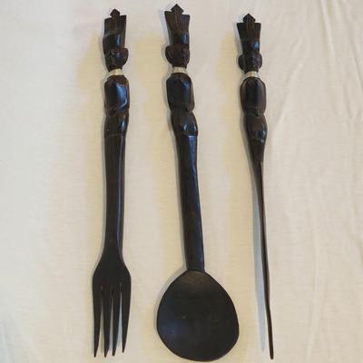 Set of 3 African Carved Wood Decorative Spoon, Fork & Knife
