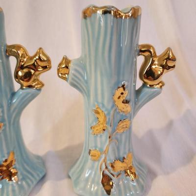 Vintage Pair of Robin's Egg Blue Vases with 22 kt Gold Painted Decoration