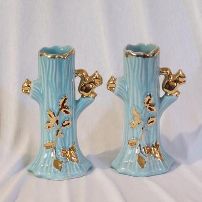 Vintage Pair of Robin's Egg Blue Vases with 22 kt Gold Painted Decoration