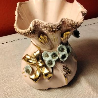 BAG SACK PURSE VASE IH2242 L Flowers Gilt Gold Ribbon Pink Ceramic
