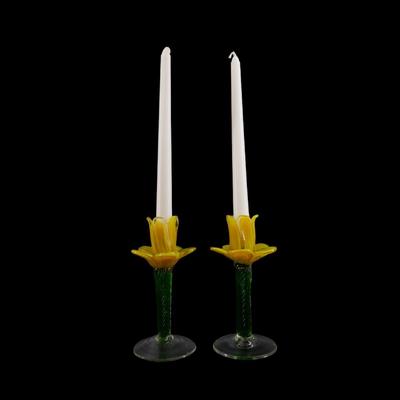 Hand-blown Glass Yellow Flower Candlesticks
