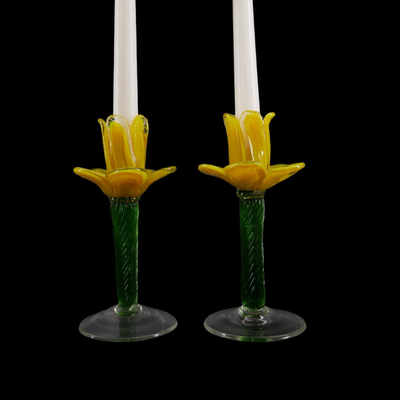 Hand-blown Glass Yellow Flower Candlesticks