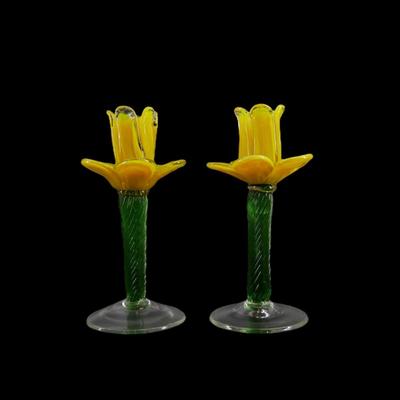 Hand-blown Glass Yellow Flower Candlesticks