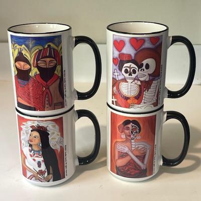 Lot 51 Orca Coating 4 Mugs Designs by Artist Emilia Garcia 2004 Mexico Skeleton Day of the Dead