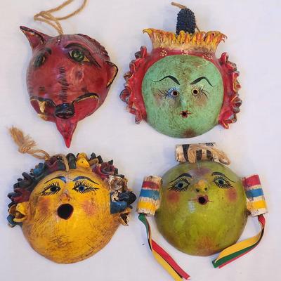 Set of 4 Vintage Mexican Folk Art Coconut Shell Masks