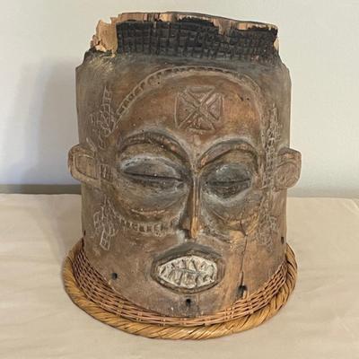 Lot 53 Carved Wooden Helmet Mask African With Crown, Teeth & Closed Eyes