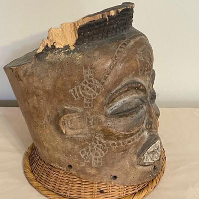 Lot 53 Carved Wooden Helmet Mask African With Crown, Teeth & Closed Eyes