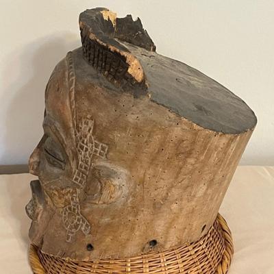 Lot 53 Carved Wooden Helmet Mask African With Crown, Teeth & Closed Eyes