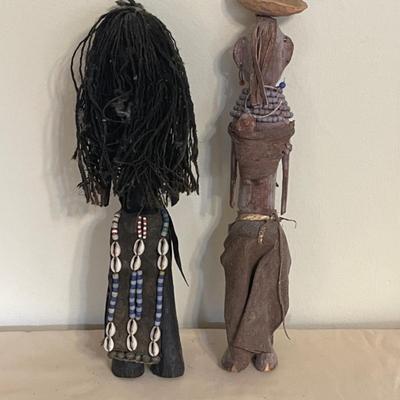 Lot 56 Male Female African Tribal Figures Dreadlocks  Copper Rings Animal Hide Skirt