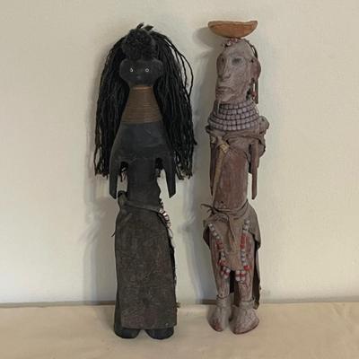 Lot 56 Male Female African Tribal Figures Dreadlocks  Copper Rings Animal Hide Skirt