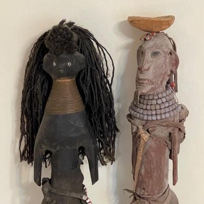Lot 56 Male Female African Tribal Figures Dreadlocks  Copper Rings Animal Hide Skirt