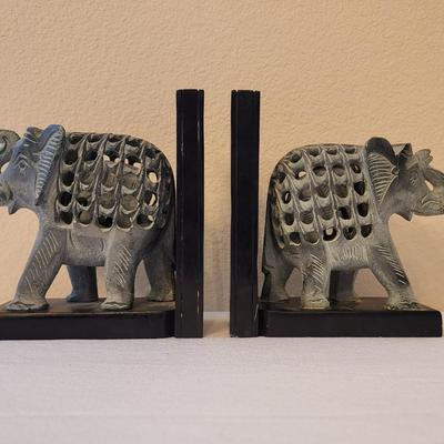 Pair of Carved Stone Elephant within an Elephant Bookends