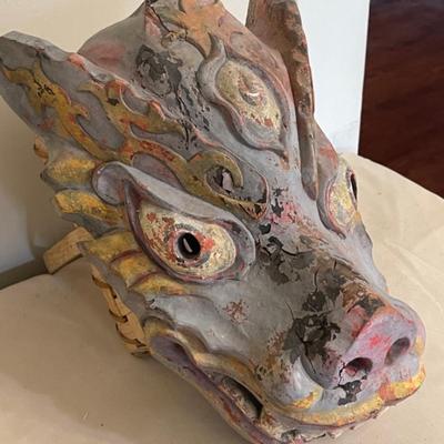 Lot 58 Dragon Mask Hand Carved and Painted 14" Tall