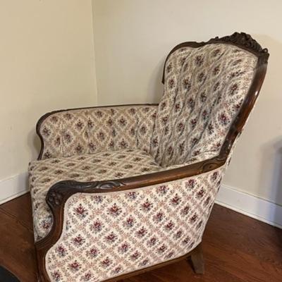 Lot 63 Antique Barrel Chair Wood Frame Upholstered Button Back