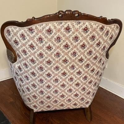 Lot 63 Antique Barrel Chair Wood Frame Upholstered Button Back