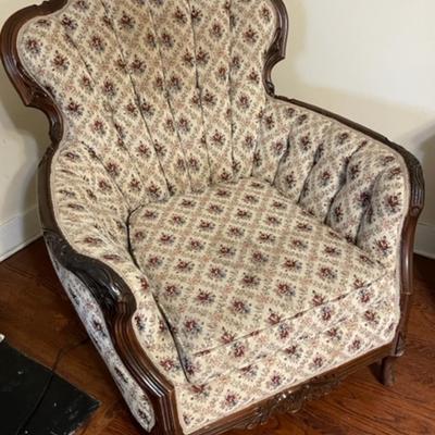 Lot 63 Antique Barrel Chair Wood Frame Upholstered Button Back