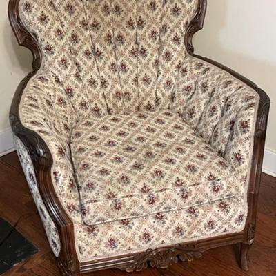 Lot 63 Antique Barrel Chair Wood Frame Upholstered Button Back